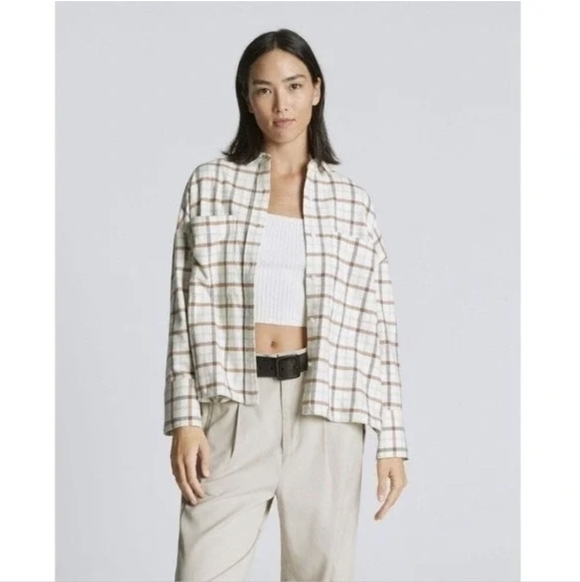 Everlane Jackets & Blazers - Everlane Boxy Flannel Cream Brown Plaid Button Down Shirt Sz Women's Medium NWT